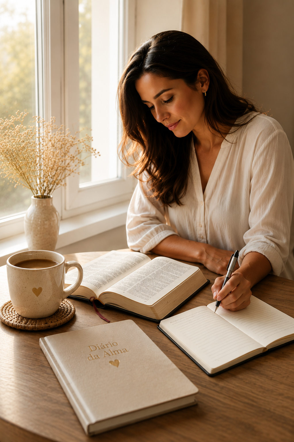 Mulher sentada em silêncio próxima a uma Bíblia aberta e um caderno, em um ambiente iluminado por luz natural suave