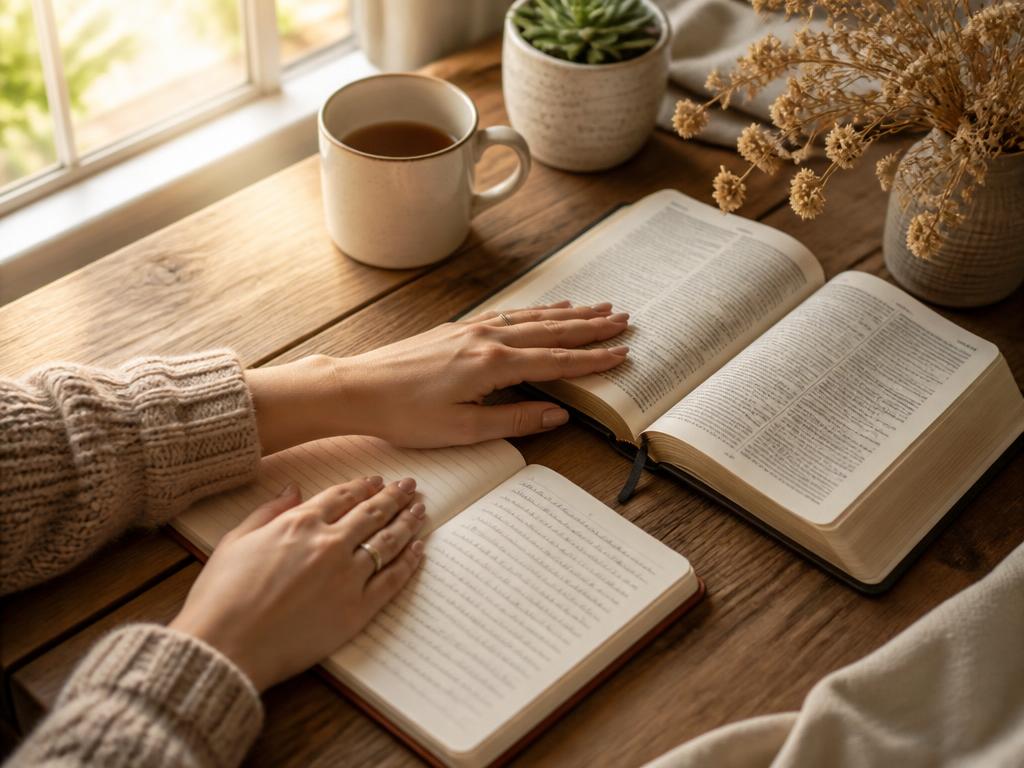 Mãos de mulher sobre uma Bíblia aberta e um caderno de devocional, com luz natural suave