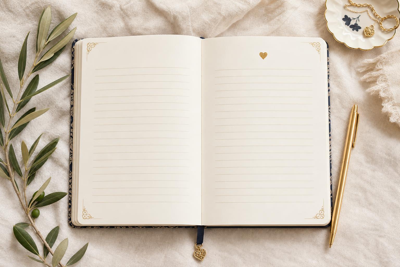 Páginas internas do Diário da Alma com linhas para escrever e detalhes em dourado
